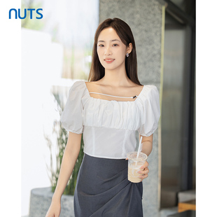 424011076 NUTS白衬衫 夏季 上衣女新款 299 设计感方领薄透短袖
