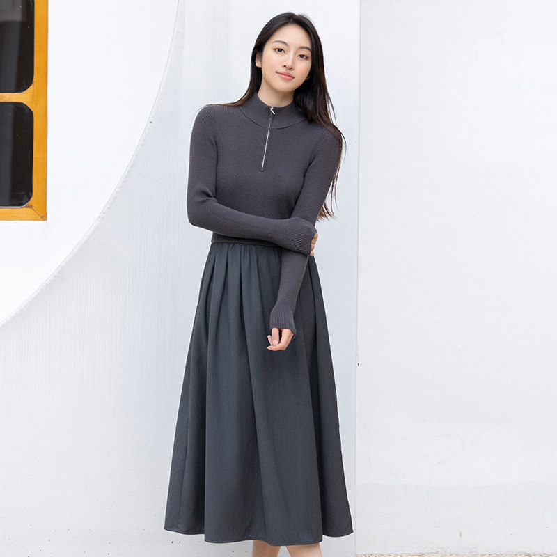 冬季灰色修身半高领针织高腰显瘦长袖连衣裙女-799