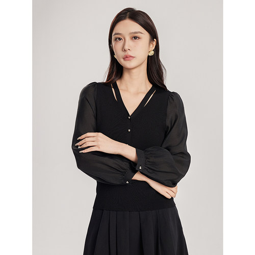 oldcolour春季时尚拼接纯色V领通勤百搭套头衫女Q130520A1-699