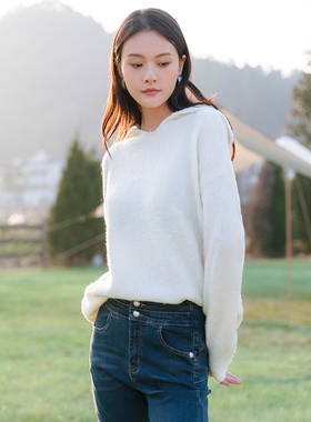 oldcolour春季白色简约百搭软糯宽松毛织套头衫女Q110502A1-899