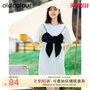 oldcolour欧珂夏季新款蝴蝶结短袖T恤休闲风连衣裙女Q24101200B