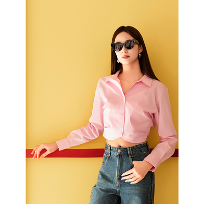 oldcolour春季纯色简约休闲设计感短款长袖衬衫女Q120110A1-559