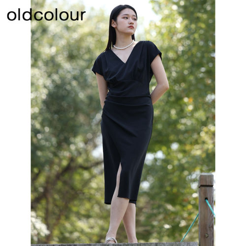 oldcolour夏季新款黑色高级感V领优雅气质短袖连衣裙女Q291015A1