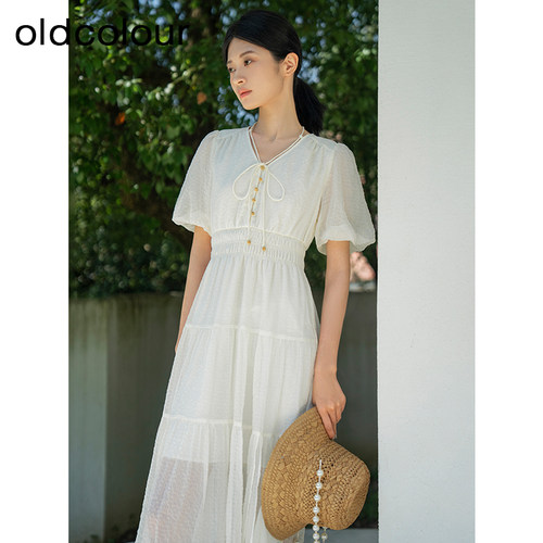 oldcolour夏季新款小清新气质高腰短袖蛋糕连衣裙女Q251005A1-899