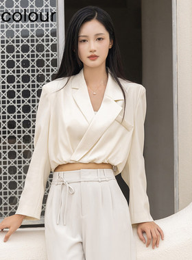 oldcolour新款纯色时尚气质通勤风西装领设计感短外套BQ320403A1