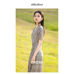 oldcolour欧珂V领显瘦碎花泡泡袖褶皱长款连衣裙女Q291006A1-599