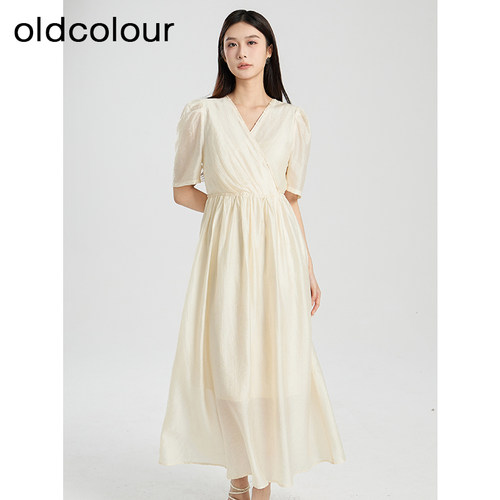 oldcolour夏季新款气质收腰V领高级感长款短袖连衣裙女BR291025A1