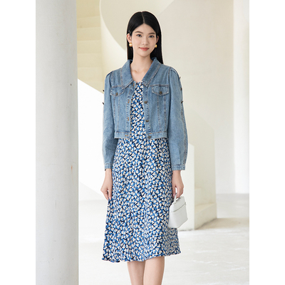 NUTS2023秋季新款时尚气质通勤牛仔短外套+连衣裙两件套4391011A1