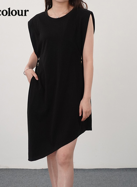 oldcolour21夏垫肩宽松无袖连衣裙复古百搭T恤裙N23104305-559