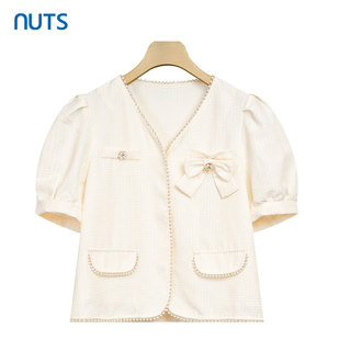 百搭雪纺上衣429042318 NUTS法式 甜美泡泡袖 女夏季 499 花边v领衬衫