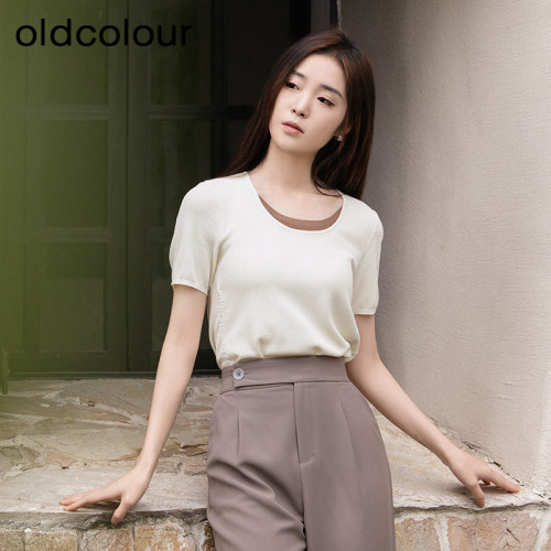 oldcolour夏新款设计感百搭抽褶套头上衣假两件女BR220509A1-459