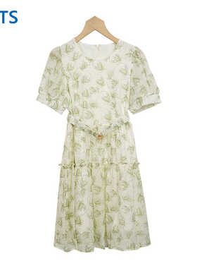 NUTS绿色法式碎花连衣裙女夏气质减龄洋气圆领别致裙子428103482