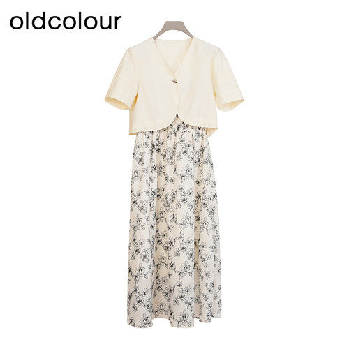 oldcolour欧珂夏季时尚气质优雅碎花连衣裙套装女Q231011A1-1199