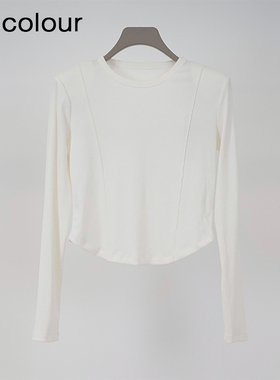 oldcolour春季纯色圆领简约休闲百搭短款长袖T恤女Q110203A1-399