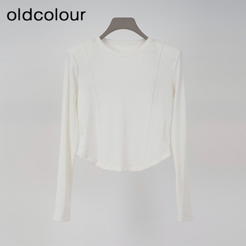 oldcolour春季纯色圆领简约休闲百搭短款长袖T恤女Q110203A1-399
