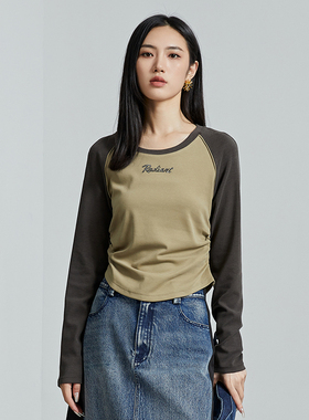 oldcolour秋季新款美式插肩T恤女复古圆领长袖上衣P330202A1-499