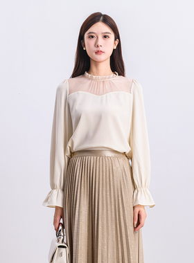 NUTS法式简约蕾丝拼接宽松通勤荷叶领长袖衬衫女4420101A1-499
