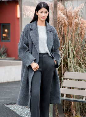 NUTS冬季灰色高级感气质中长款双面毛呢大衣外套女4441506A1-5999