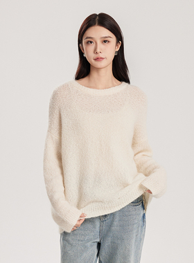 oldcolour春白色软糯温柔气质百搭宽松套头针织衫女Q110509A1-999
