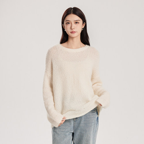 oldcolour春白色软糯温柔气质百搭宽松套头针织衫女Q110509A1-999
