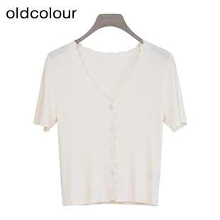 oldcolour商场同款夏款V领花边领时尚短外套女GP21053748-399