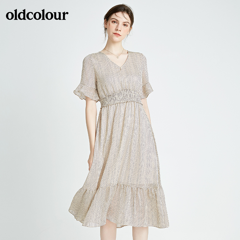 oldcolour碎花连衣裙春夏休闲V领高腰气质短袖裙子N22101278-699