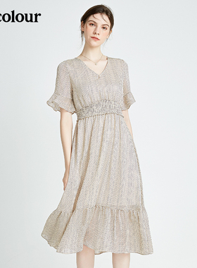 oldcolour碎花连衣裙春夏休闲V领高腰气质短袖裙子N22101278-699