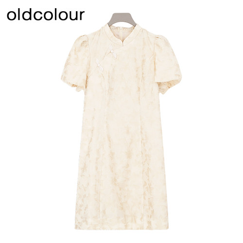 oldcolour夏季设计感新中式气质泡泡袖短袖连衣裙女BR291010A1