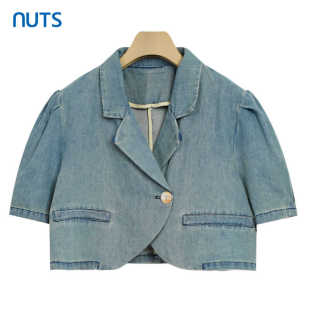 NUTS气质复古水洗领拼接泡泡短袖 牛仔上衣外套428043420 短款