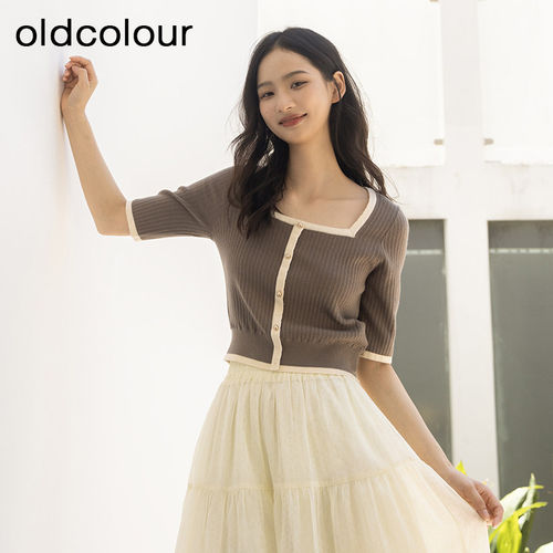 oldcolour针织衫秋季新款时尚百搭短袖方领套头衫上衣BQ320503A1