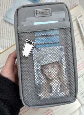 灰色网格笔袋双开门笔盒立体站立式学生桌面整理小众文具收纳盒