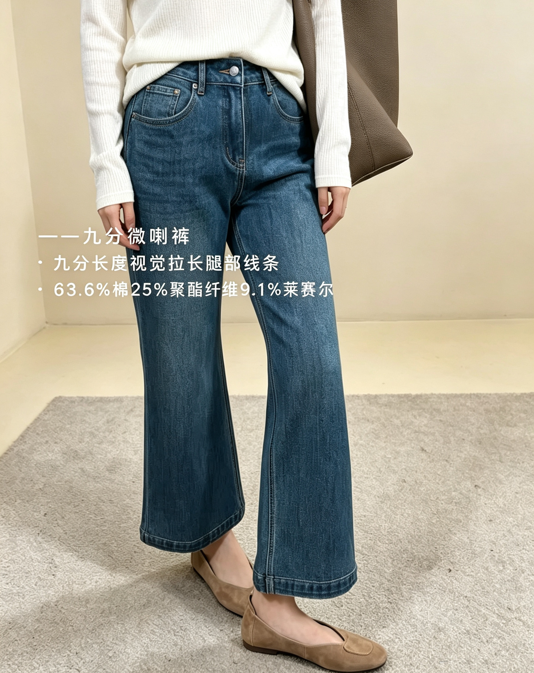 谷禾女装同款同料莨木风筒牛仔裤四面弹九分微喇(小黄黄)