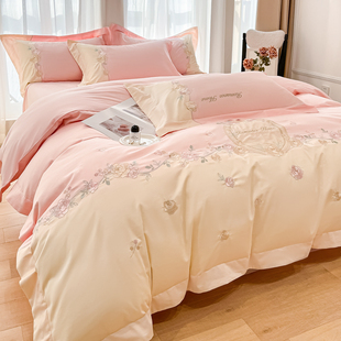 轻奢高级感A类全棉四件套纯棉床单花卉刺绣被套床笠裸睡床上用品4
