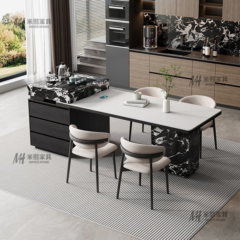 新款意式a轻奢极简高端岩板岛台餐桌一体可伸缩家用新款实木餐桌