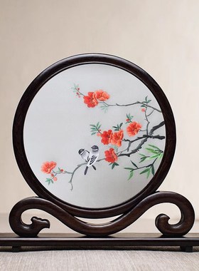 新款古典苏绣屏风摆件中式家居客厅装饰品手工双S面刺绣实木台屏