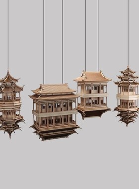 精选新中式古风古建筑倒影亭子样板D房摆件中国风悬挂吊饰镜像灯