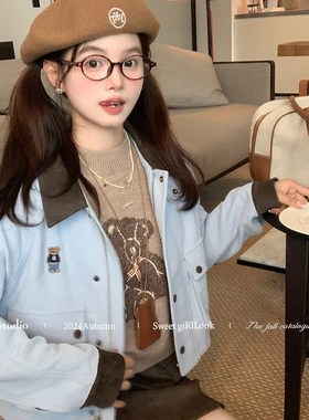 真aine蓝色灯芯绒夹克外套女秋季韩系棒球服小个子撞Z色拼接上!