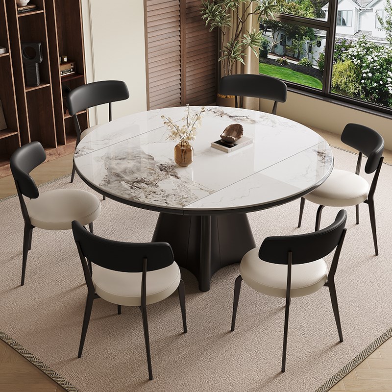 新款意式轻奢岩板餐桌家用小户型现代简约K可伸缩折叠方圆两用吃