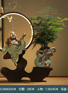 新款新中式禅意办公室绿植装饰z品家居客厅玄关书桌面陶瓷灯圈摆