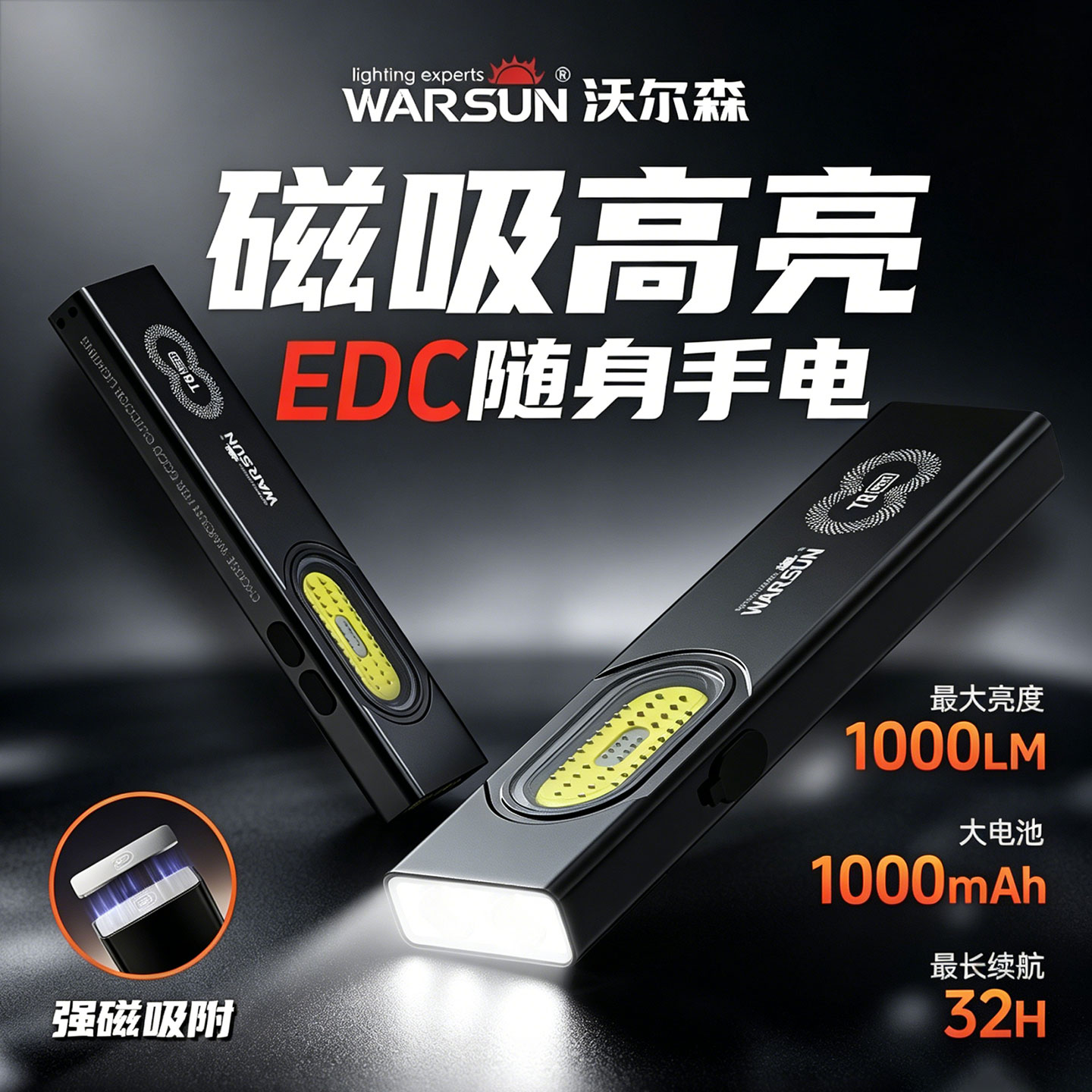 沃尔森T8pro磁吸强光手电筒便携图片
