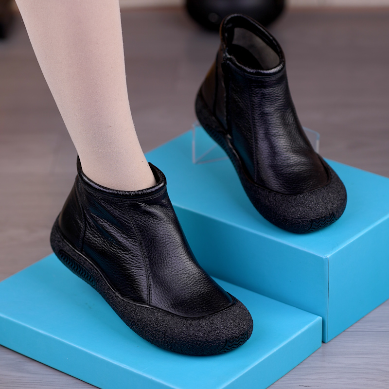 平底单靴马丁靴真皮加绒短靴