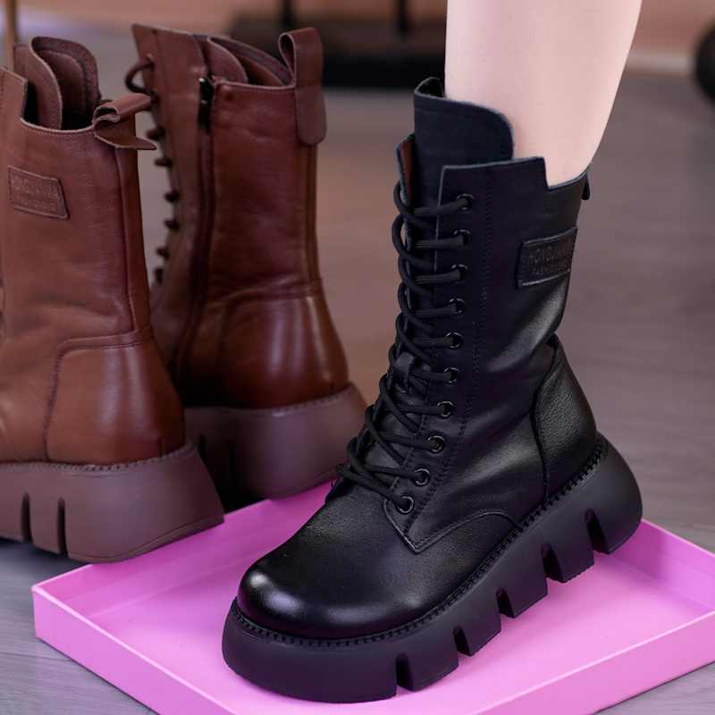 秋冬款真皮厚底英伦马丁靴女时尚中筒单靴潮加绒加厚保暖羊毛棉靴