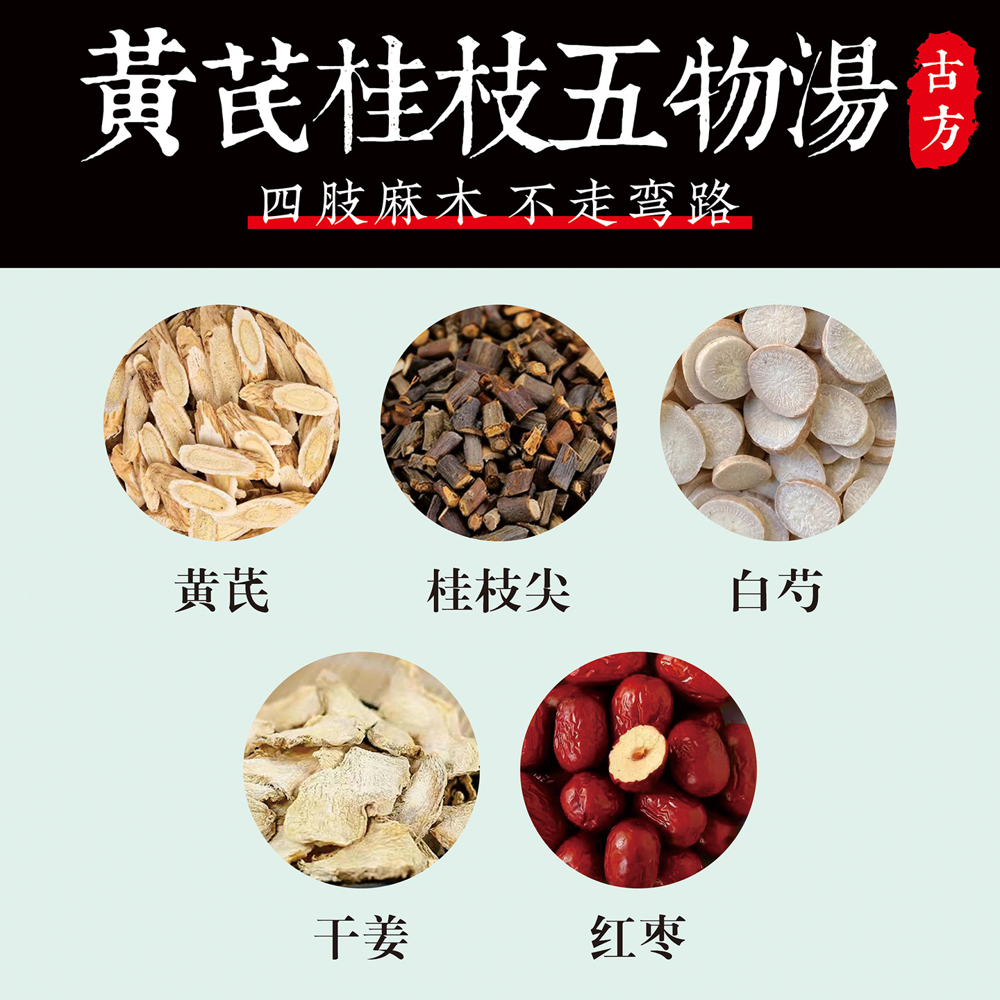 正宗黄芪桂枝五物汤黄芪30g克白芍桂枝生姜各15g克大枣天然中药材