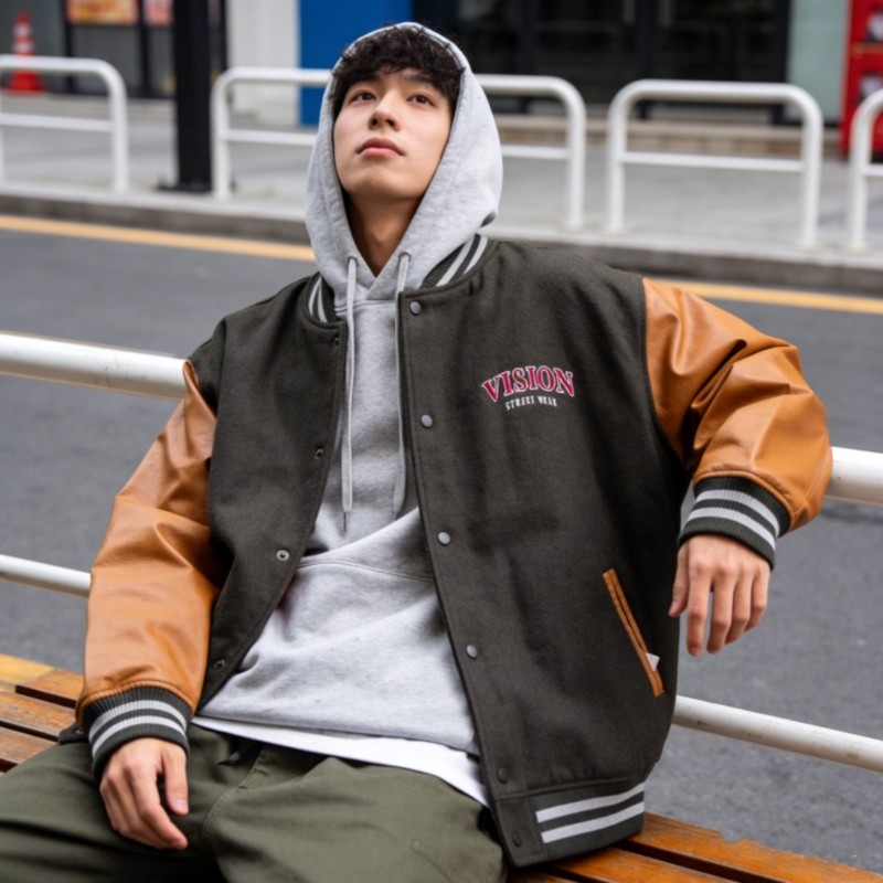 日线 滑板嘻哈hiphop街头 羊毛呢 pu皮 重工刺绣 夹棉 棒球外套