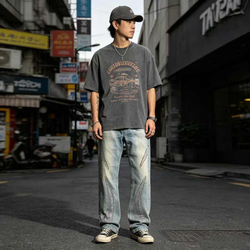 美潮 高街嘻哈街头hiphop弹力做旧水洗甩漆 贴钻烫钻 美式牛仔裤