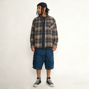 美版 复古工装滑板嘻哈街头hiphop 美式经典刺绣 宽松牛仔七分裤