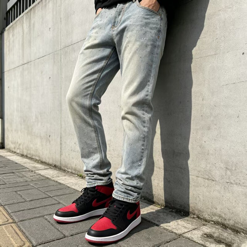 美版 复古高街嘻哈街头hiphop微弹水洗烫钻美潮skinny牛仔裤kdnk