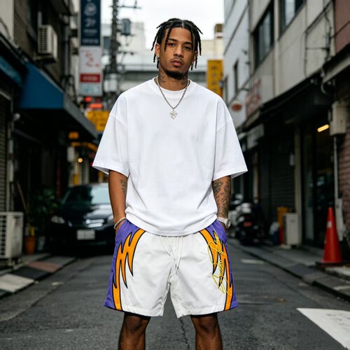 美版 复古嘻哈街头hiphop滑板说唱 机能梭织 拼接刺绣  美潮短裤