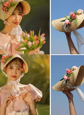 新款田园风婚纱摄影道具影楼外景拍照写真主题时尚创意粘花草帽