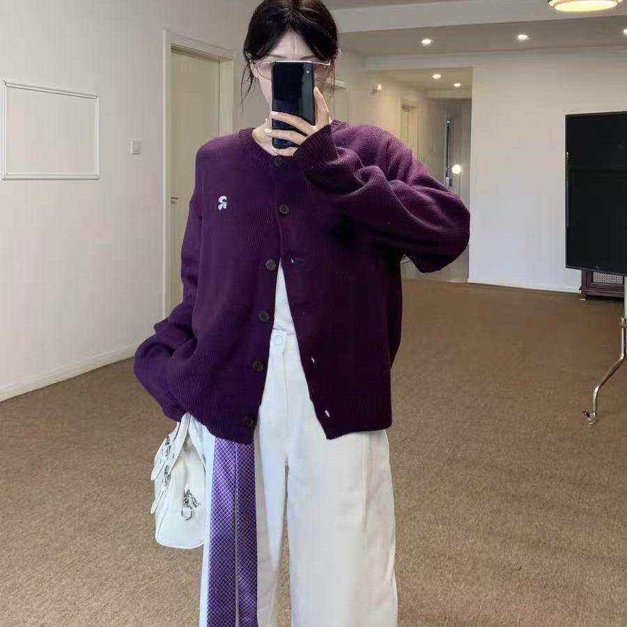 BESOBER紫色圆领针织毛衣开衫女春秋新款韩系慵懒风上衣外套女